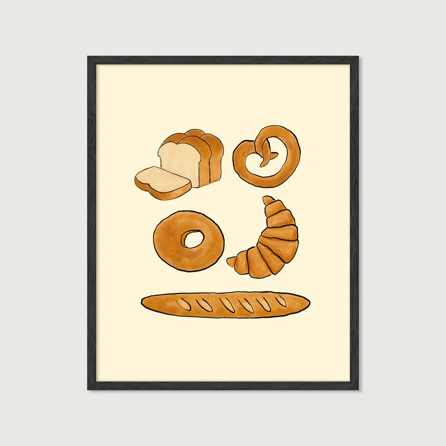 hand-drawn bread illustration loaf pretzel bagel croissant baguette cream background bread art print