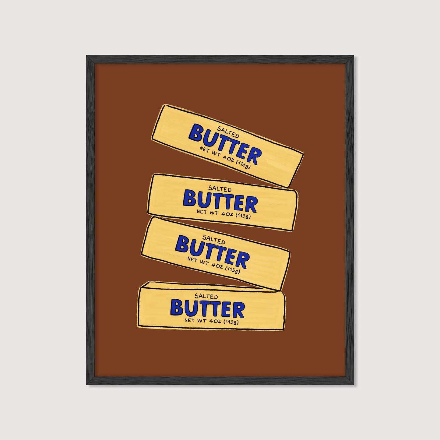 four stacked salted butter sticks hand-drawn yellow blue brown background kitchen art print
