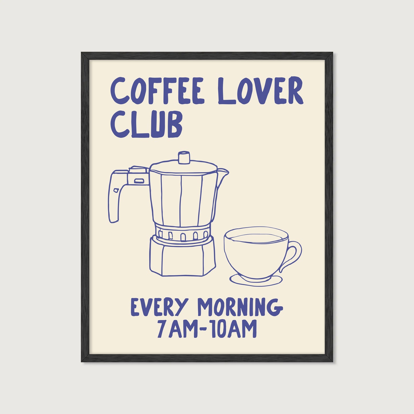 hand-drawn moka pot coffee cup blue cream background coffee lover club art print
