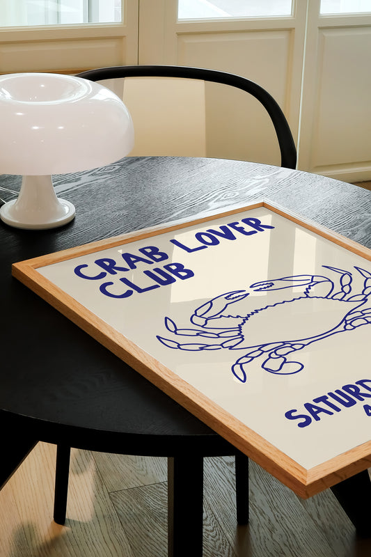 hand-drawn blue crab illustration cream background crab lover club saturday night art print