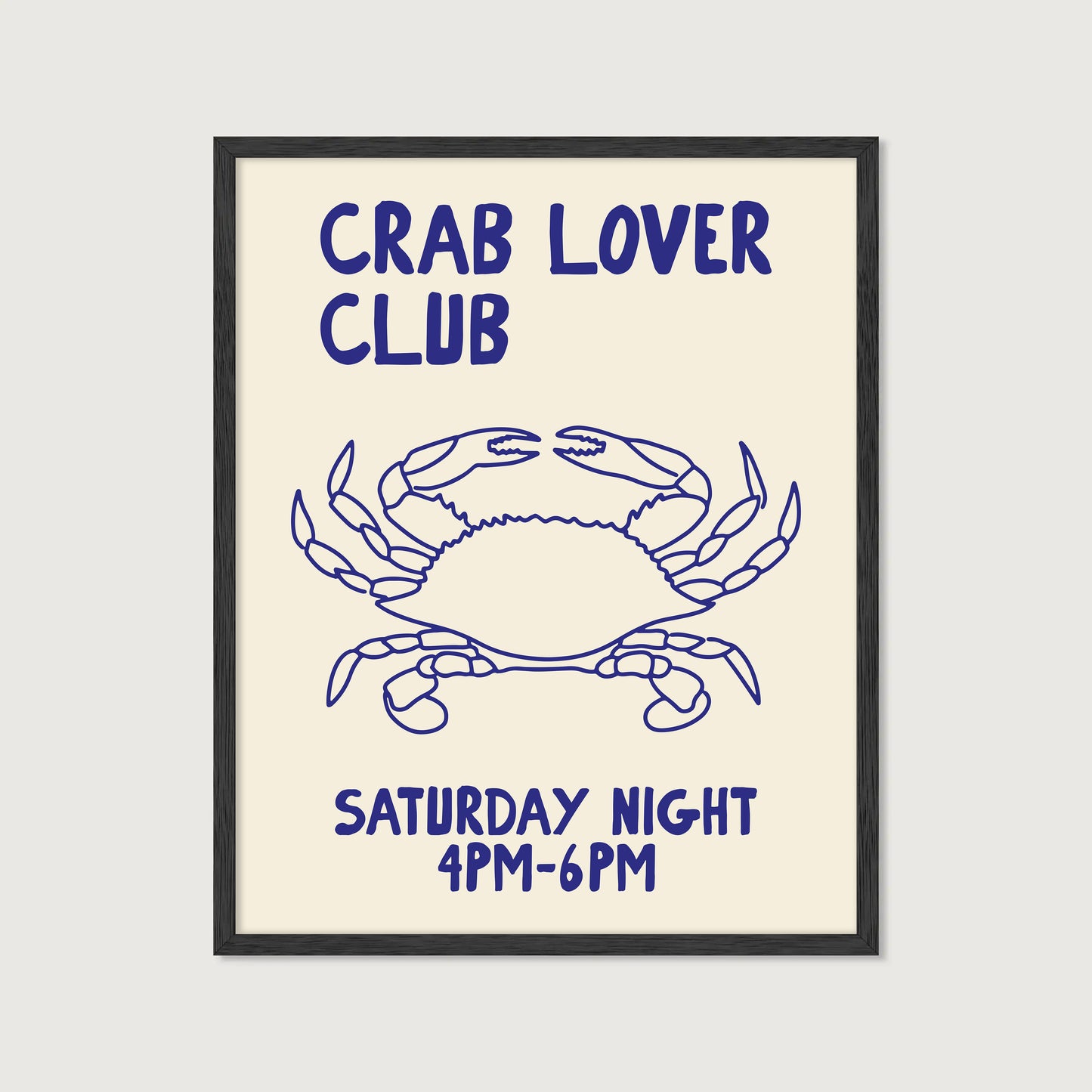 hand-drawn blue crab illustration cream background crab lover club saturday night art print