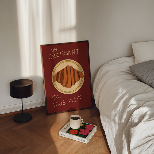 hand-drawn croissant on plate dark red background French cafe style art print
