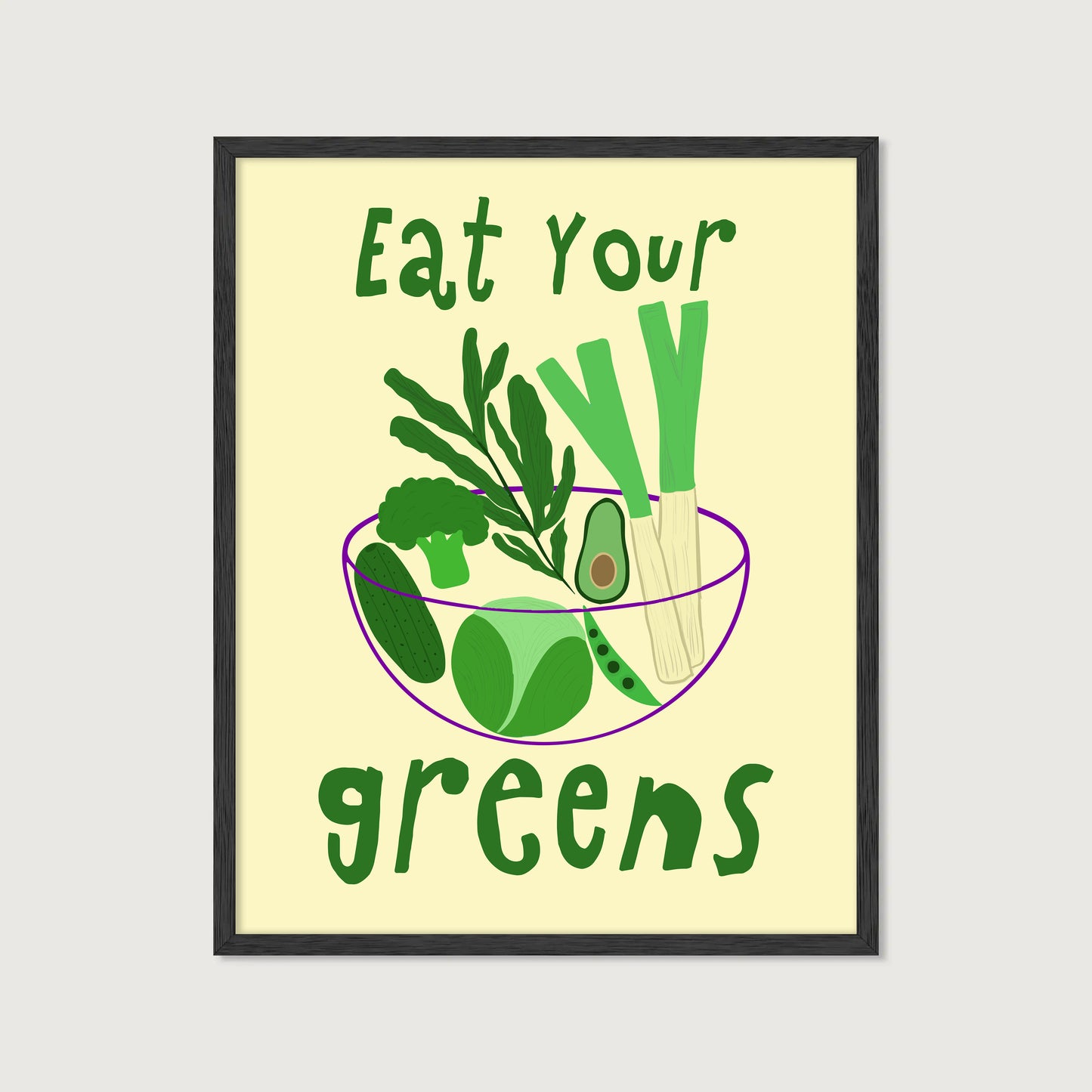 hand-drawn bowl green vegetables broccoli avocado leek cucumber yellow background eat your greens art print