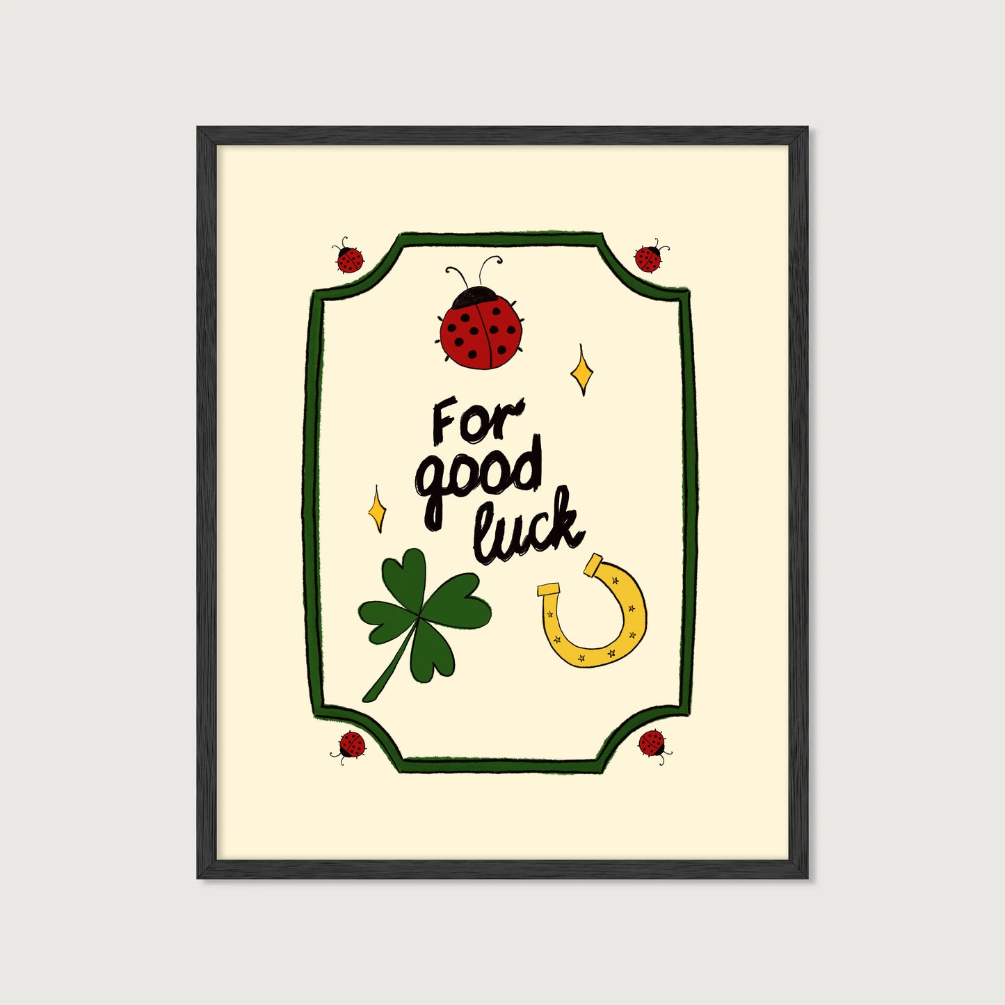 hand-drawn ladybug clover horseshoe good luck illustration green frame cream background art print