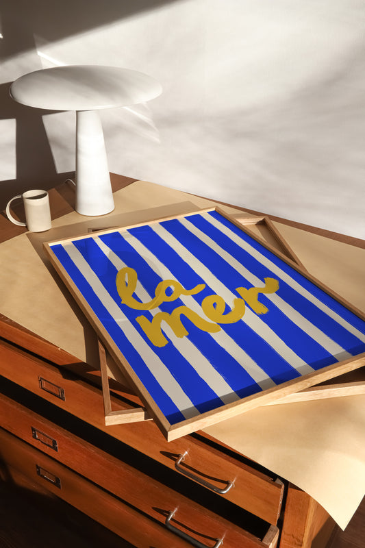bold blue white stripe hand-lettered la mer golden yellow French coastal art print