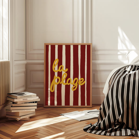 bold dark red white stripe hand-lettered la plage golden yellow French beach art print