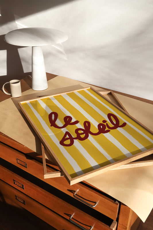 bold yellow white stripe hand-lettered le soleil dark red French summer art print