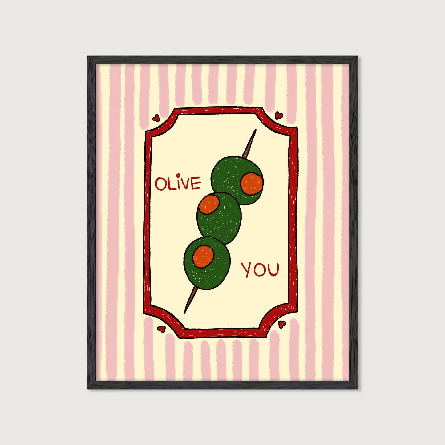hand-drawn green olives on cocktail stick pink striped background olive you pun art print