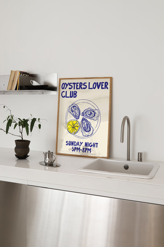 hand-drawn oysters lemon wedge plate blue yellow cream background oyster lover club art print