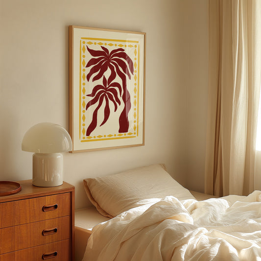 hand-drawn dark red palm trees golden diamond border cream background tropical art print