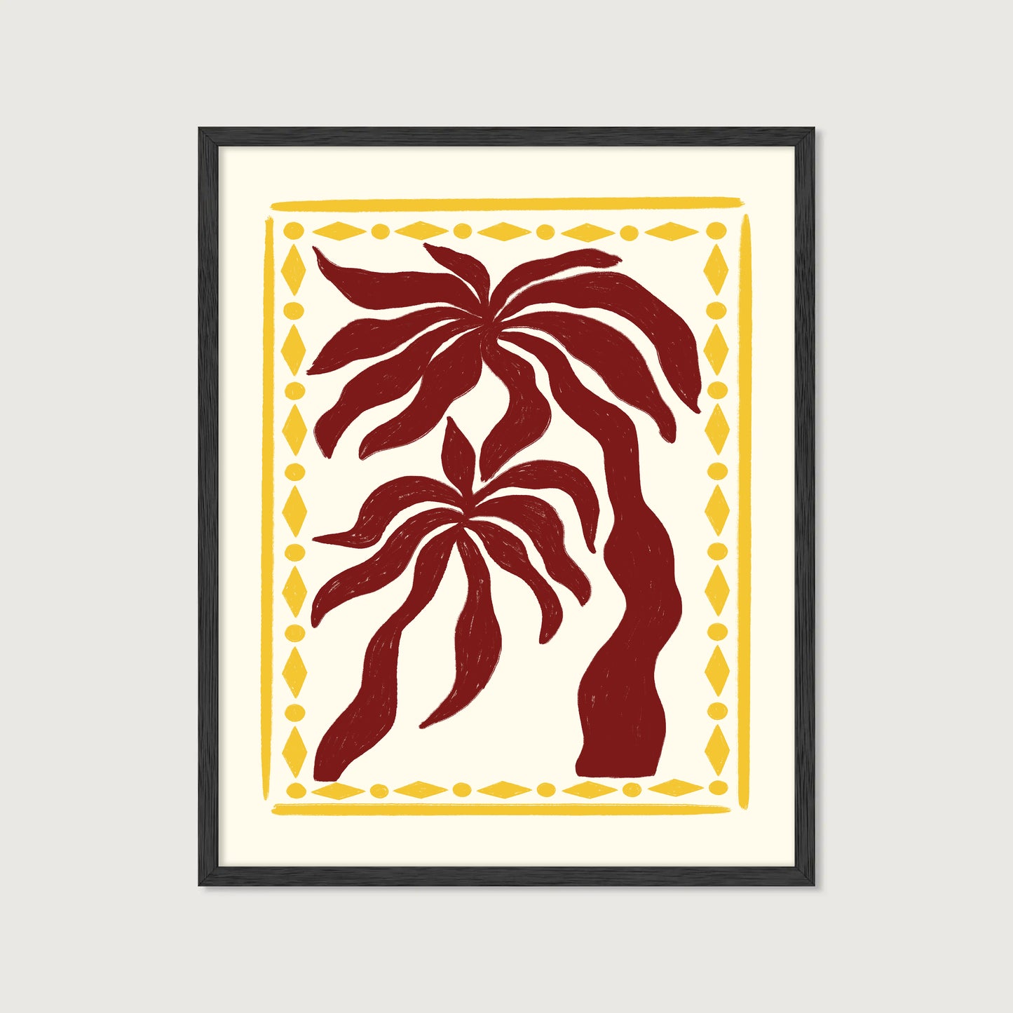 hand-drawn dark red palm trees golden diamond border cream background tropical art print