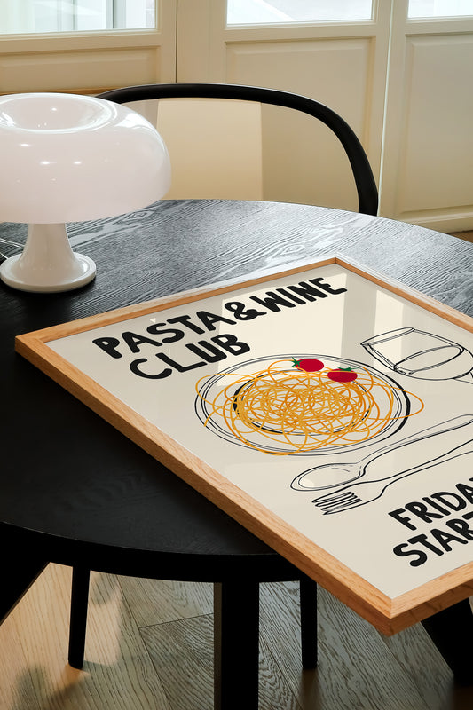 hand-drawn pasta bowl wine glass cherry tomatoes cream background pasta and wine club art print