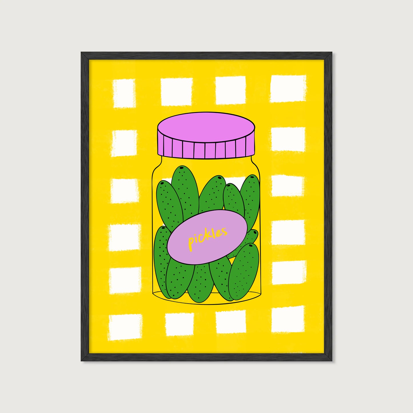 hand-drawn green pickle jar pink lid bold yellow gingham background food art print