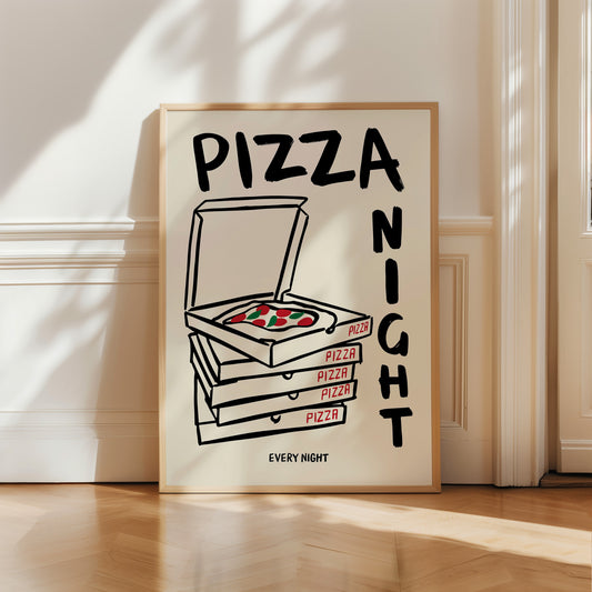 hand-drawn stacked pizza boxes tomato pizza pizza night every night lettering cream background art print