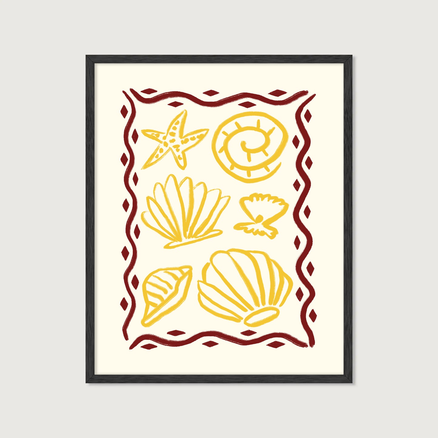hand-drawn golden seashells starfish dark red decorative border cream background coastal art print