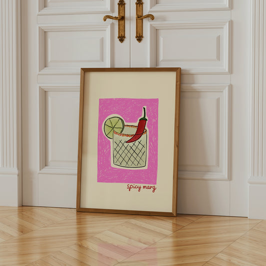 hand-drawn spicy margarita cocktail chili lime pink background cream canvas art print