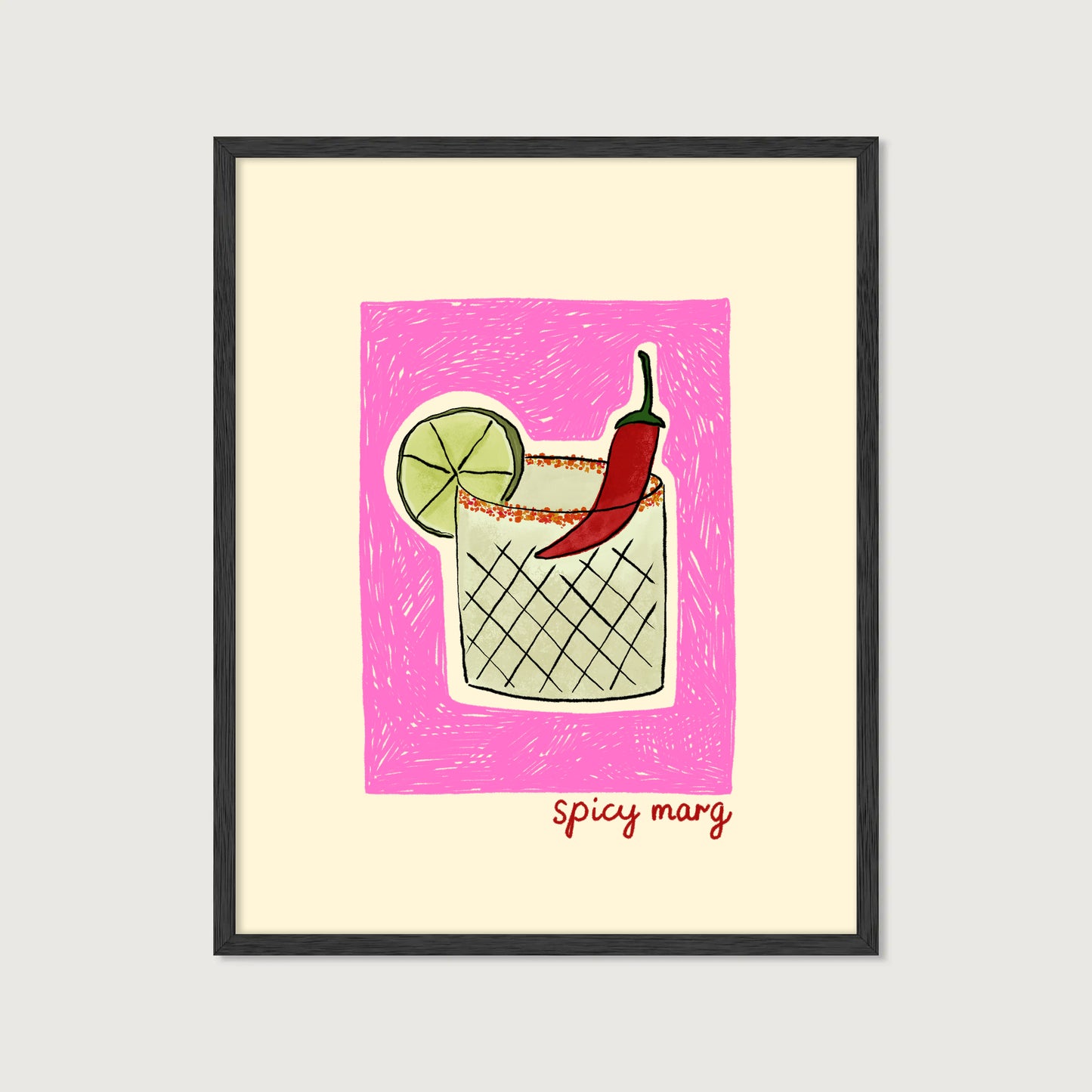 hand-drawn spicy margarita cocktail chili lime pink background cream canvas art print