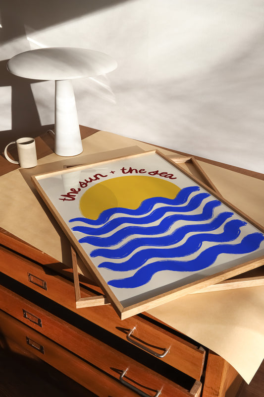 hand-drawn golden sun blue waves cream background the sun and the sea coastal art print