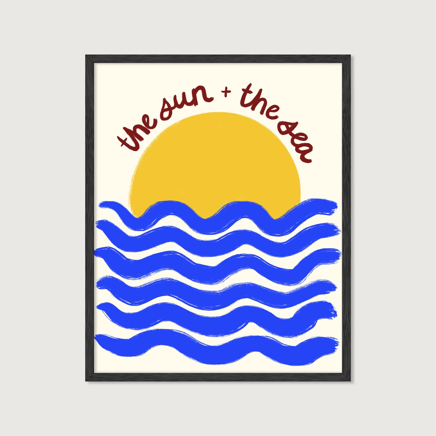 hand-drawn golden sun blue waves cream background the sun and the sea coastal art print