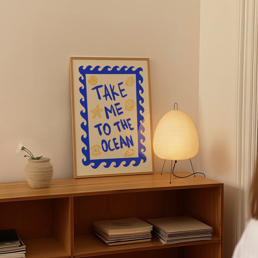 hand-drawn bold blue take me to the ocean lettering wave border golden seashells cream background art print