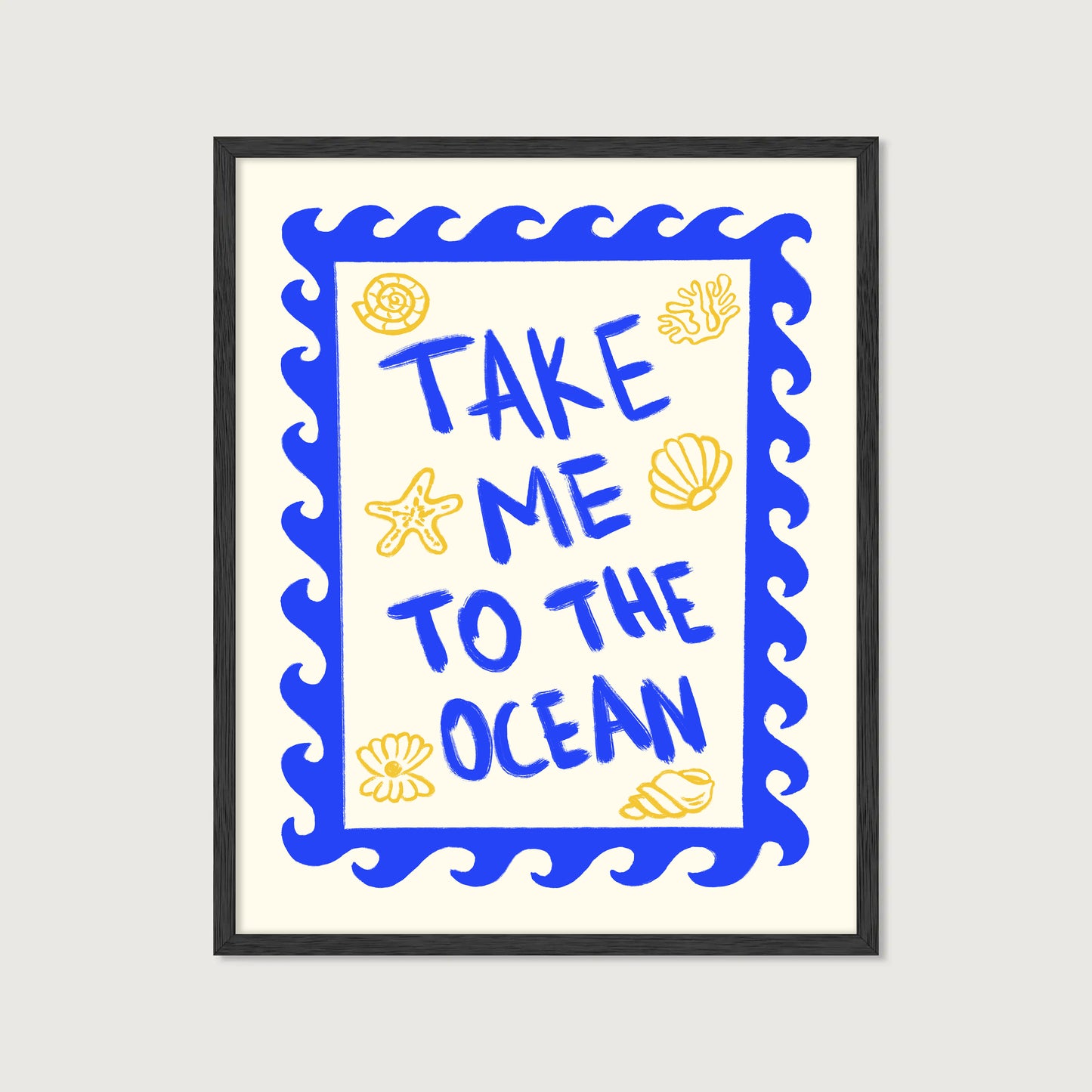 hand-drawn bold blue take me to the ocean lettering wave border golden seashells cream background art print