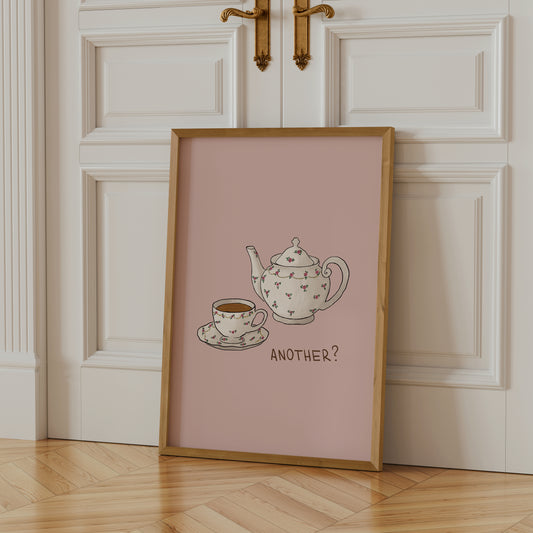 hand-drawn floral teapot and teacup soft pink background tea lover art print