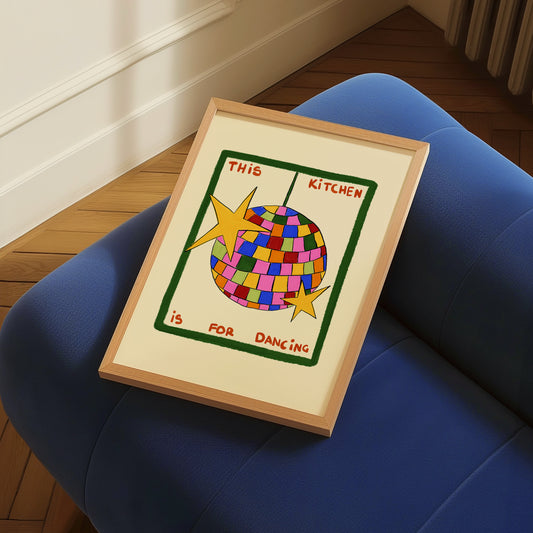 hand-drawn colorful disco ball green frame cream background this kitchen is for dancing art print