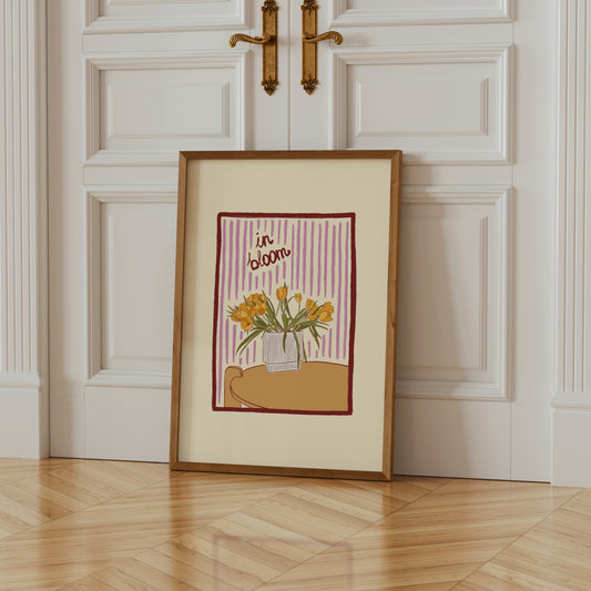 hand-drawn yellow tulips in vase lilac striped background in bloom art print