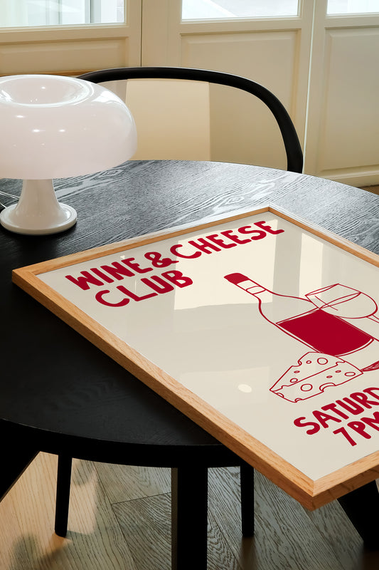 hand-drawn wine bottle glass cheese dark red cream background wine and cheese club art print