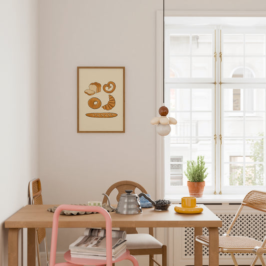 hand-drawn bread illustration loaf pretzel bagel croissant baguette cream background bread art print