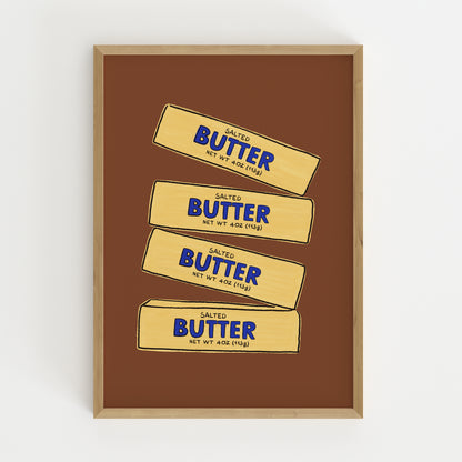 four stacked salted butter sticks hand-drawn yellow blue brown background kitchen art print