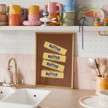 four stacked salted butter sticks hand-drawn yellow blue brown background kitchen art print