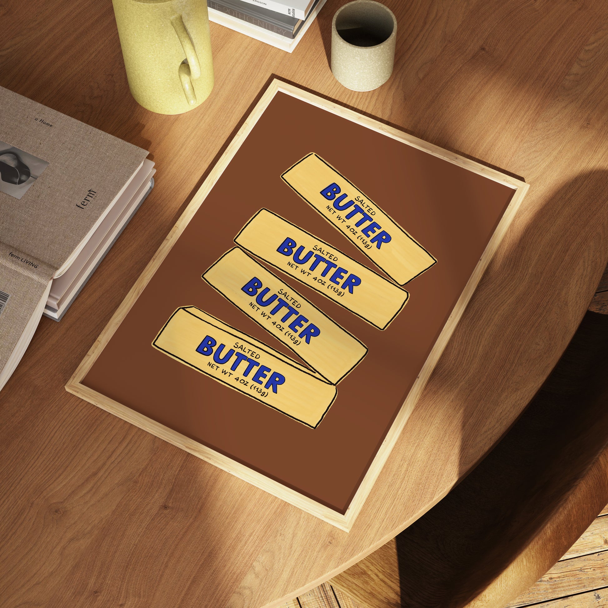 four stacked salted butter sticks hand-drawn yellow blue brown background kitchen art print