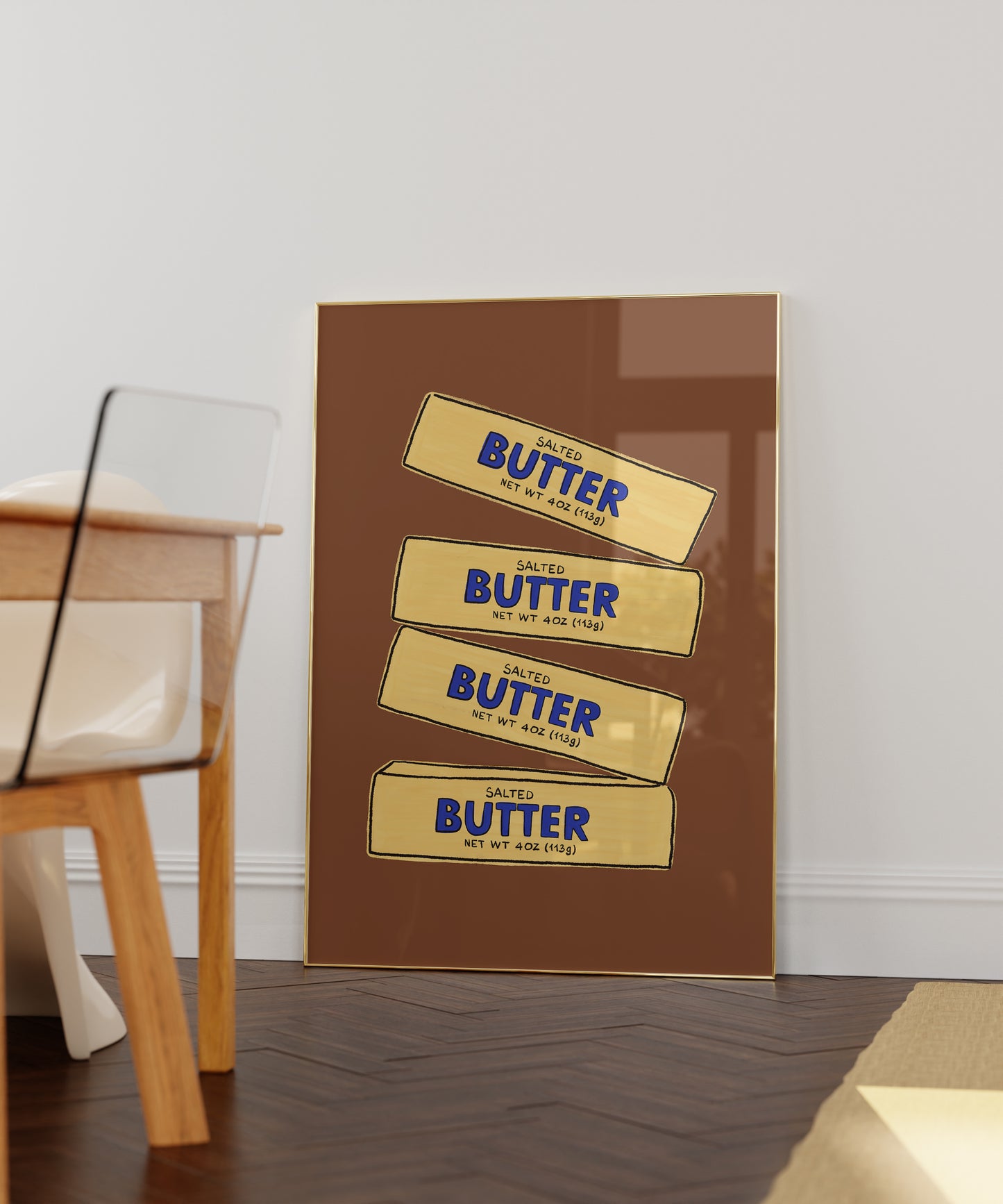 four stacked salted butter sticks hand-drawn yellow blue brown background kitchen art print