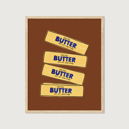 four stacked salted butter sticks hand-drawn yellow blue brown background kitchen art print