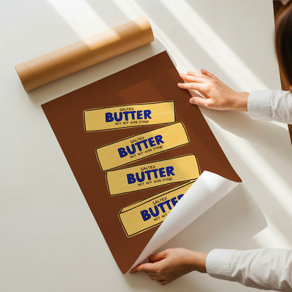 four stacked salted butter sticks hand-drawn yellow blue brown background kitchen art print