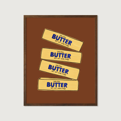 four stacked salted butter sticks hand-drawn yellow blue brown background kitchen art print