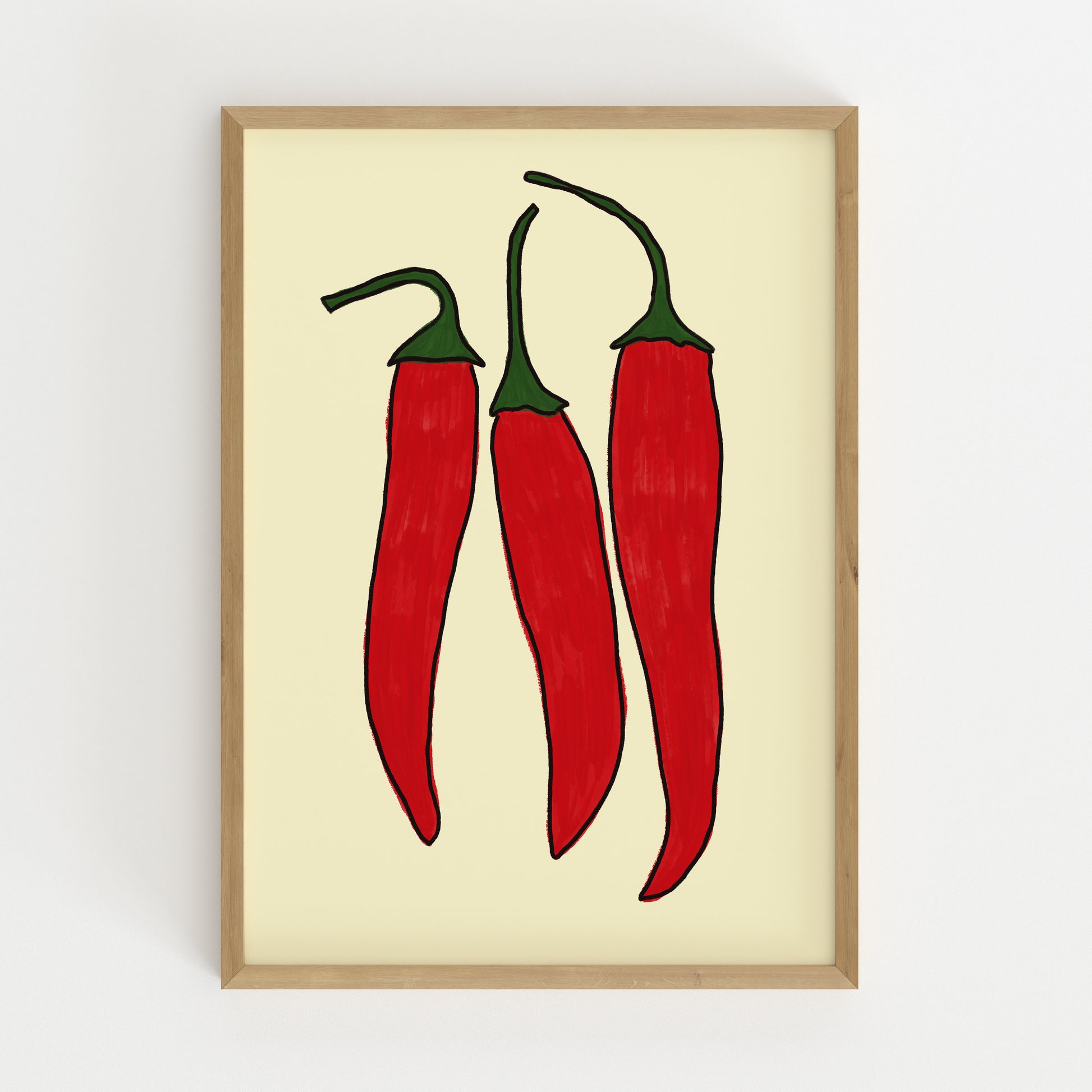 three red chili peppers bold illustration cream background kitchen art print