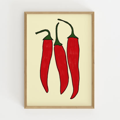 three red chili peppers bold illustration cream background kitchen art print