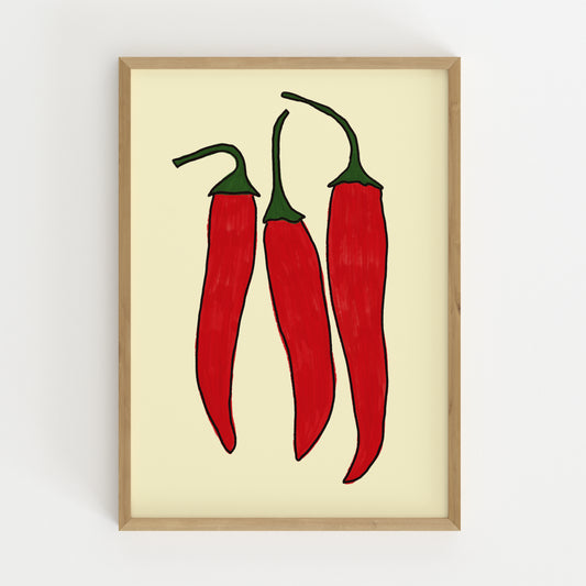 three red chili peppers bold illustration cream background kitchen art print