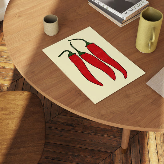 three red chili peppers bold illustration cream background kitchen art print
