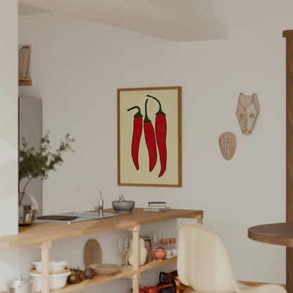 three red chili peppers bold illustration cream background kitchen art print