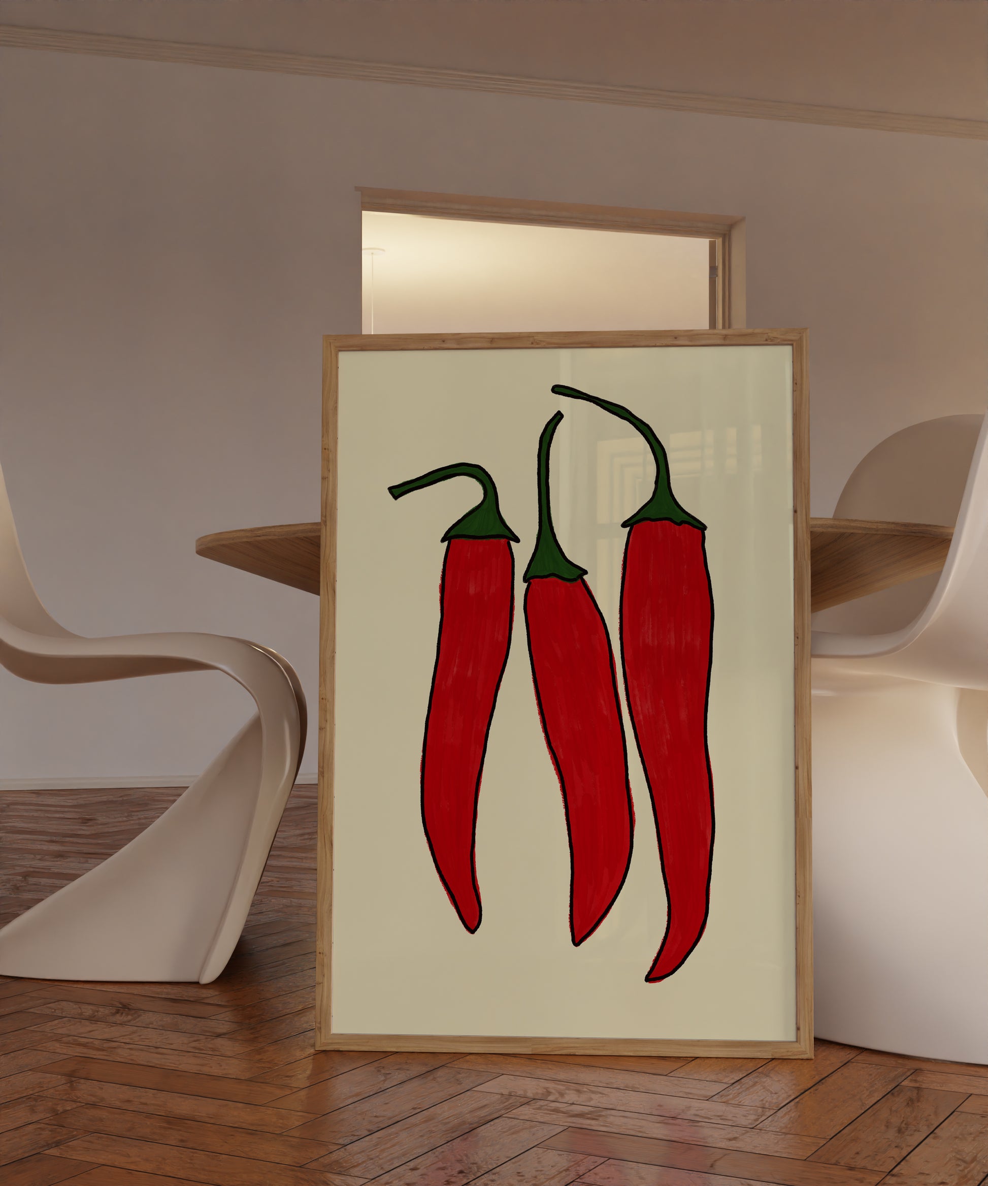 three red chili peppers bold illustration cream background kitchen art print