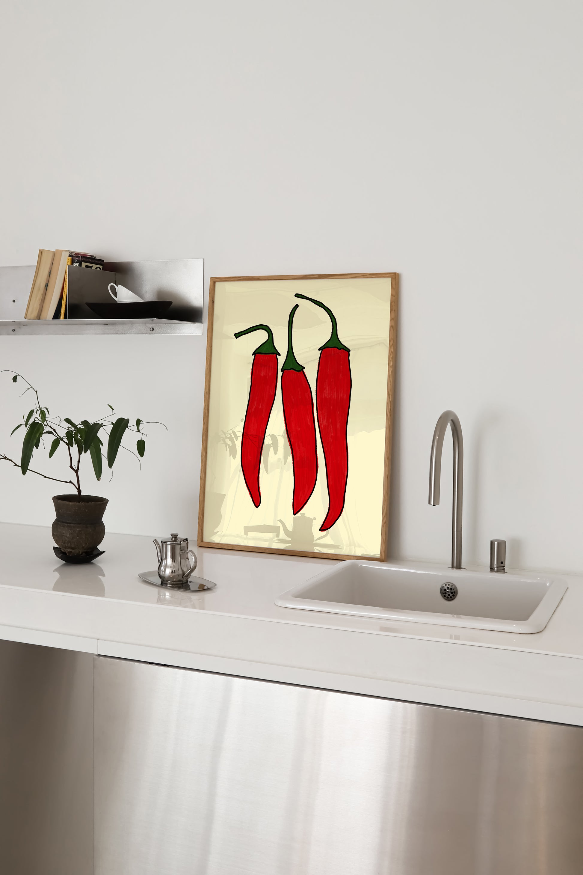 three red chili peppers bold illustration cream background kitchen art print