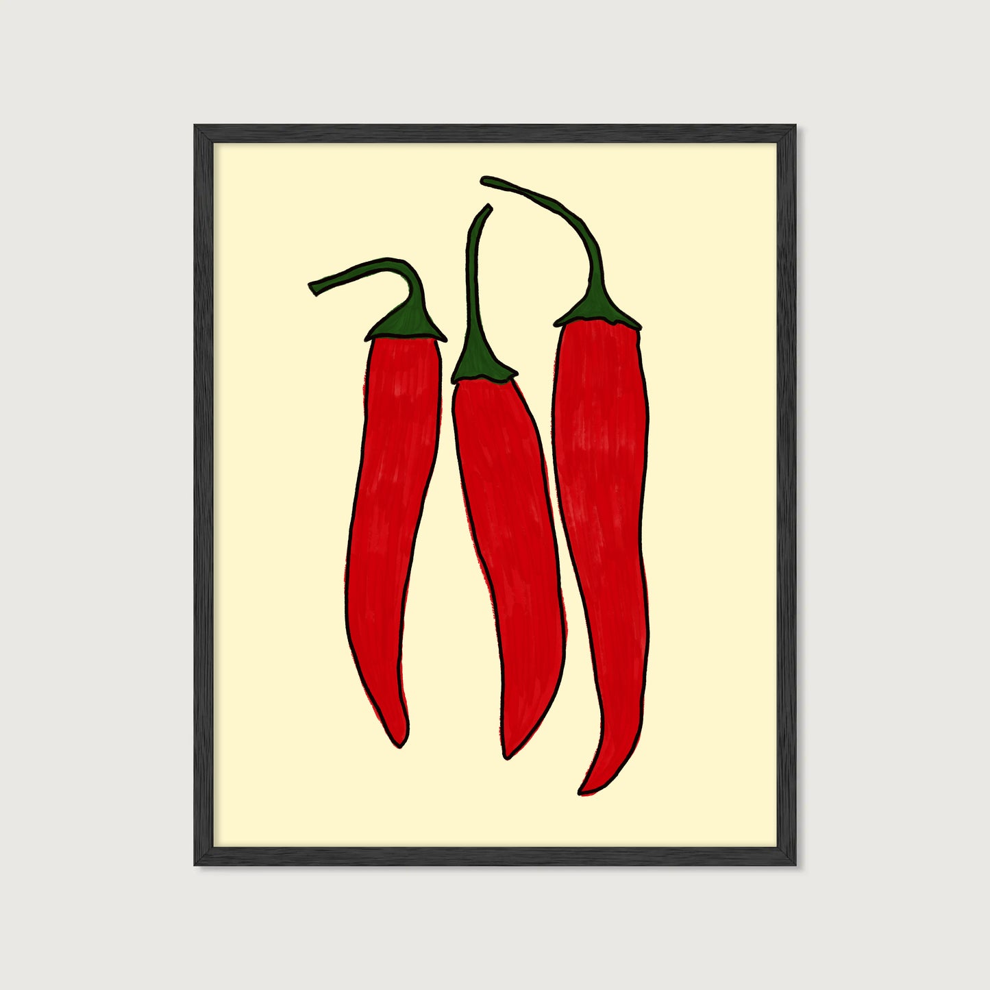 three red chili peppers bold illustration cream background kitchen art print