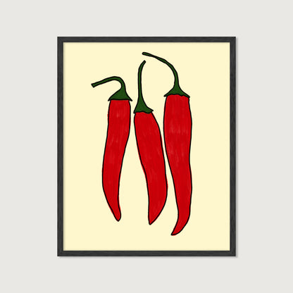 three red chili peppers bold illustration cream background kitchen art print