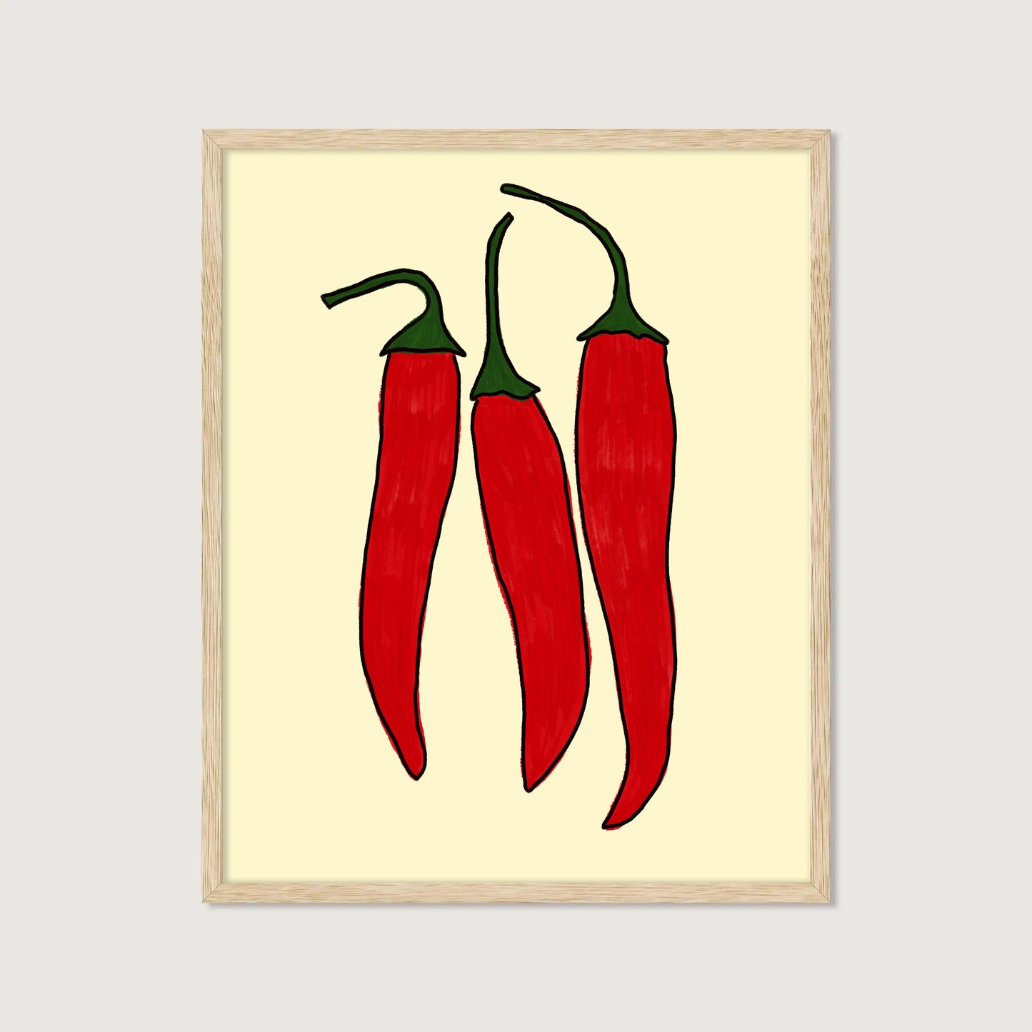 three red chili peppers bold illustration cream background kitchen art print