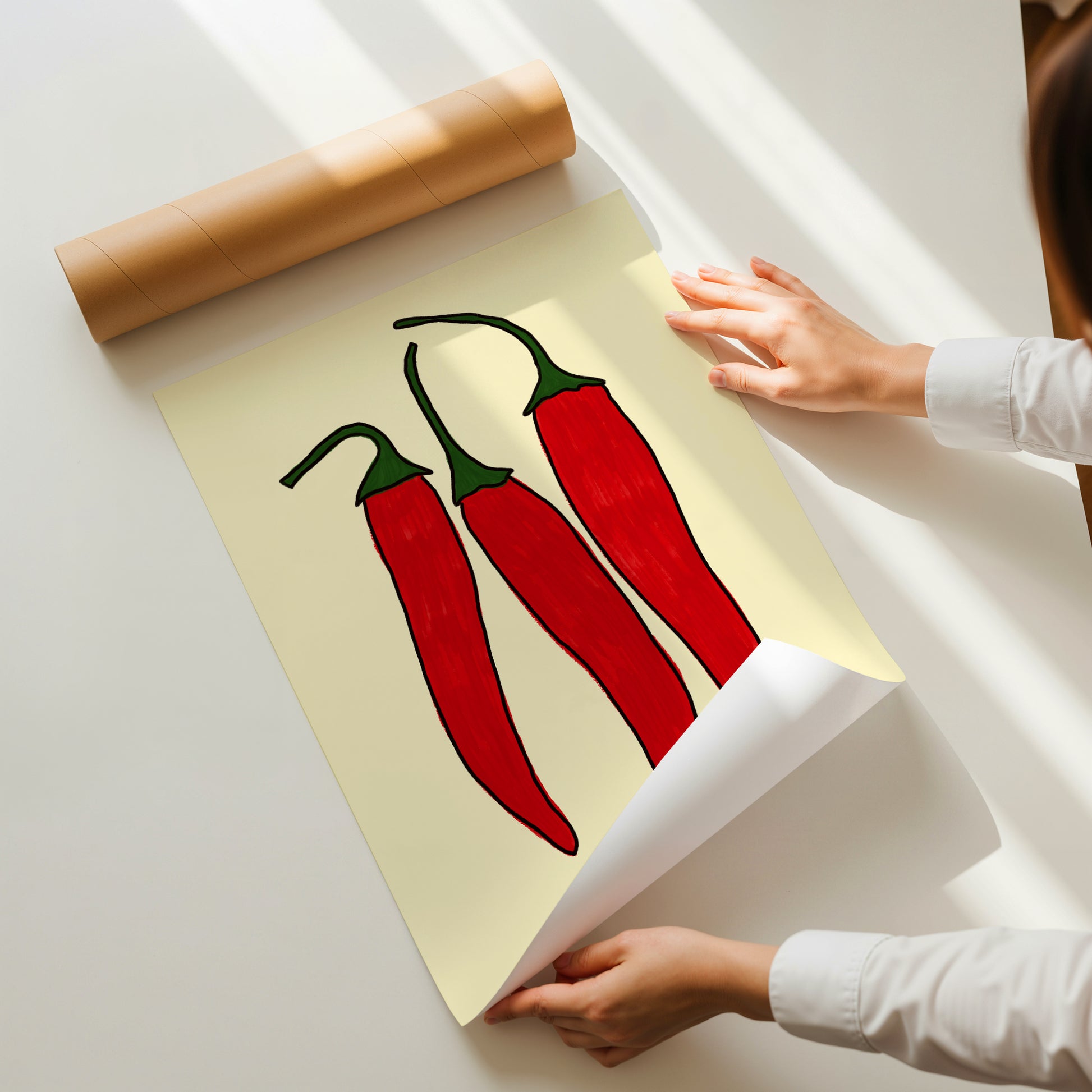 three red chili peppers bold illustration cream background kitchen art print
