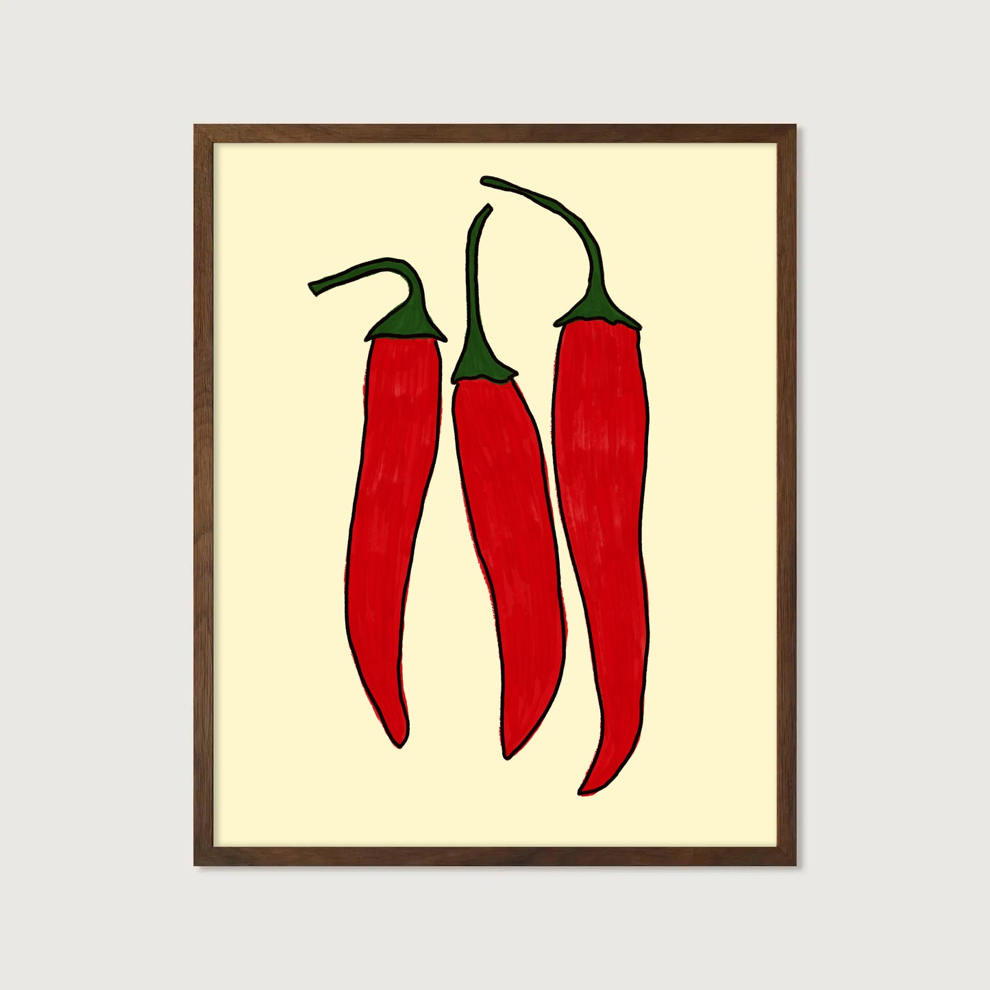 three red chili peppers bold illustration cream background kitchen art print
