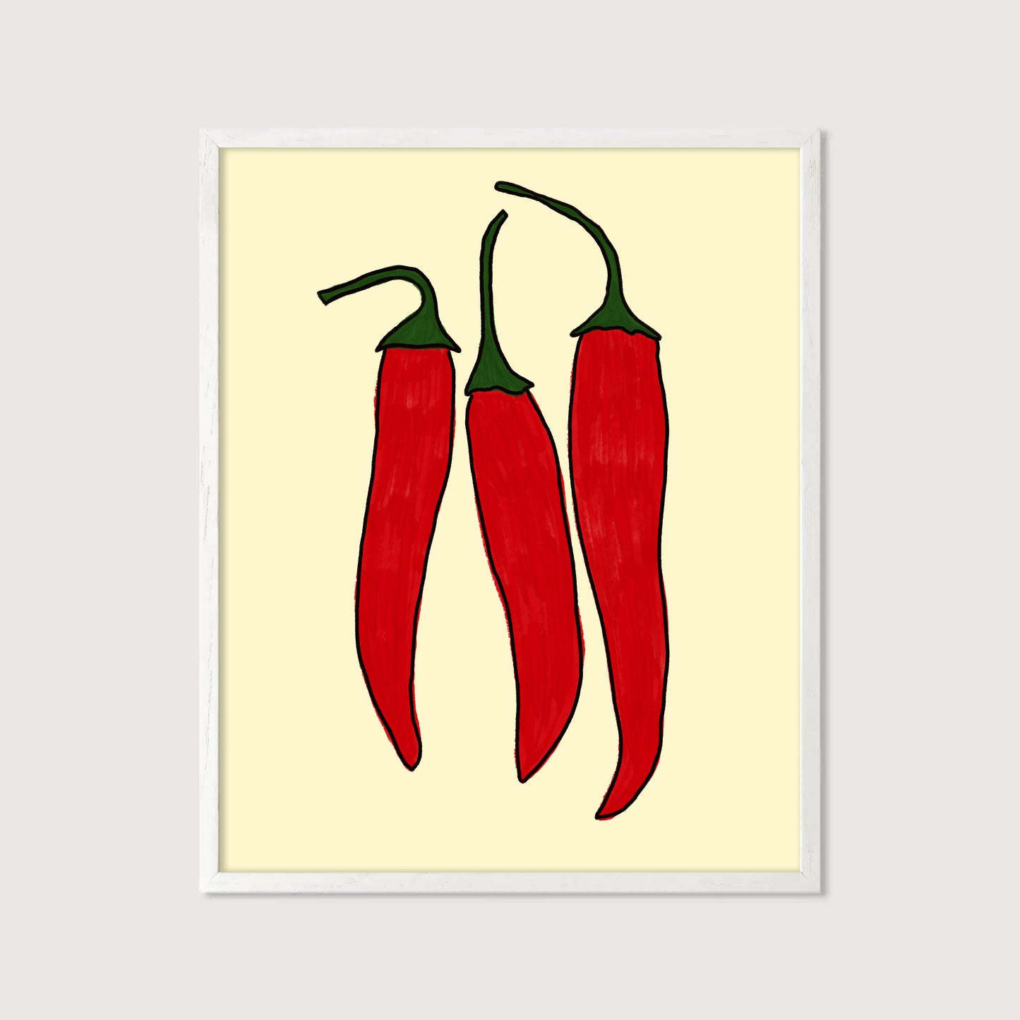 three red chili peppers bold illustration cream background kitchen art print
